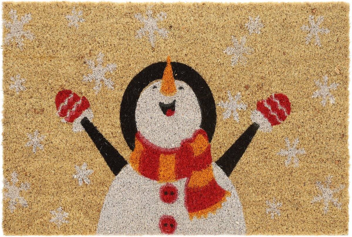 deurmat kokos - met sneeuwman - 40 x 60 cm - antislip - voor binnen en buiten - meerkleurig