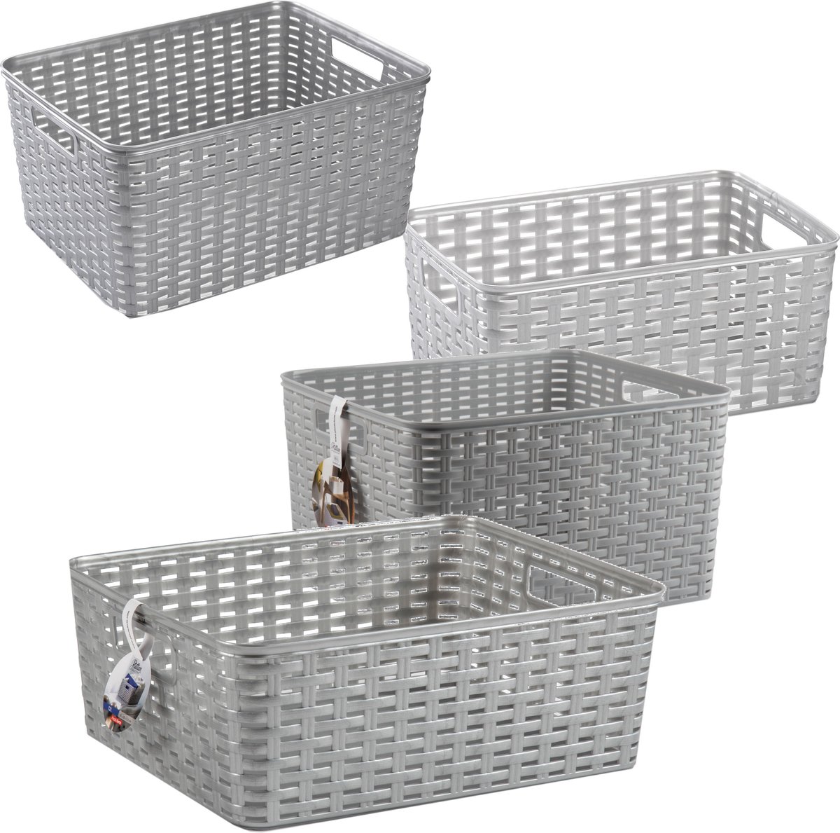Opbergboxen / opbergmandjes set - 4x stuks - rotan kunststof - zilver - met inhoud 10/12/18/28 liter