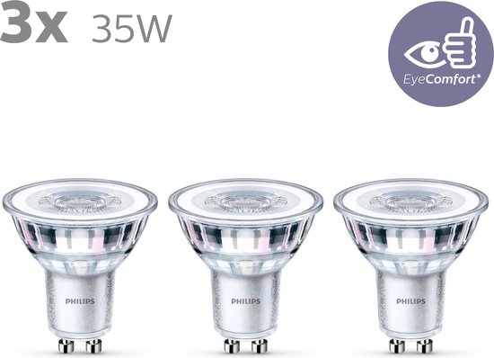 Trois spots LED Philips GU10, 35W, lumière blanc chaud.