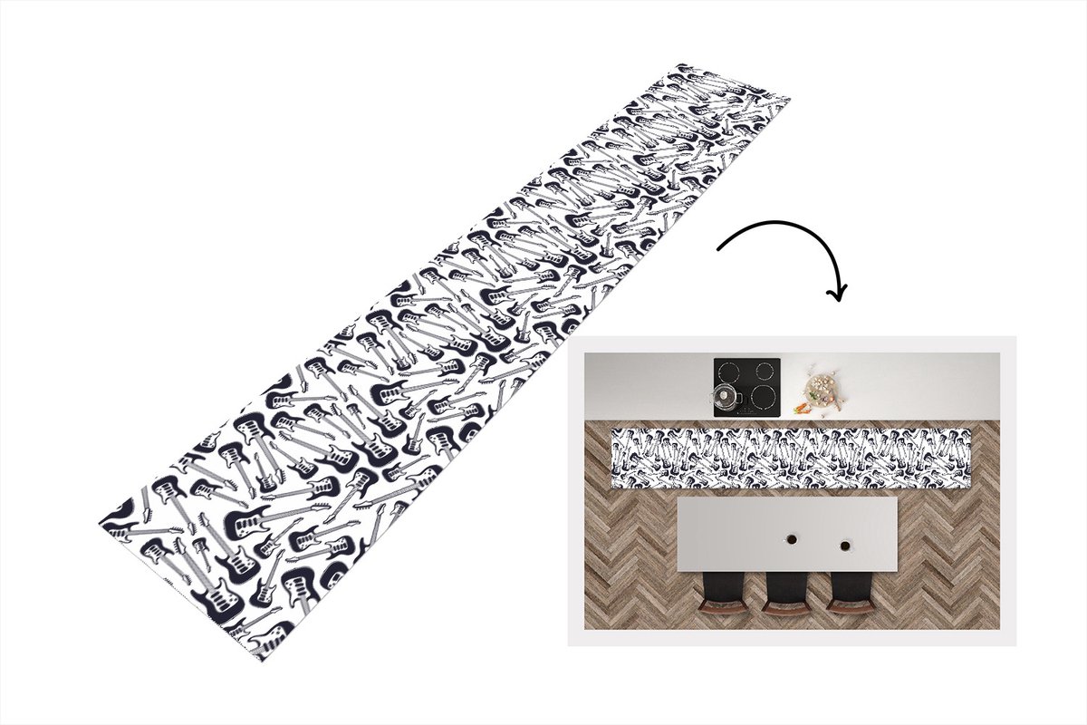 KitchenYeah Keukenloper - Keukenmat - Gitaar - Patronen - Zwart Wit - 360x60 cm - Keuken vloerkleed Zwart; Wit