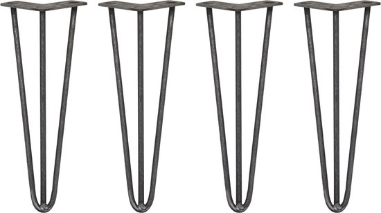 4 x Tafelpoten pinpoten - Lengte: 35.5cm - 3 pin - 10mm - Ruw Staal - SkiSki Legs ™ - Retro hairpin