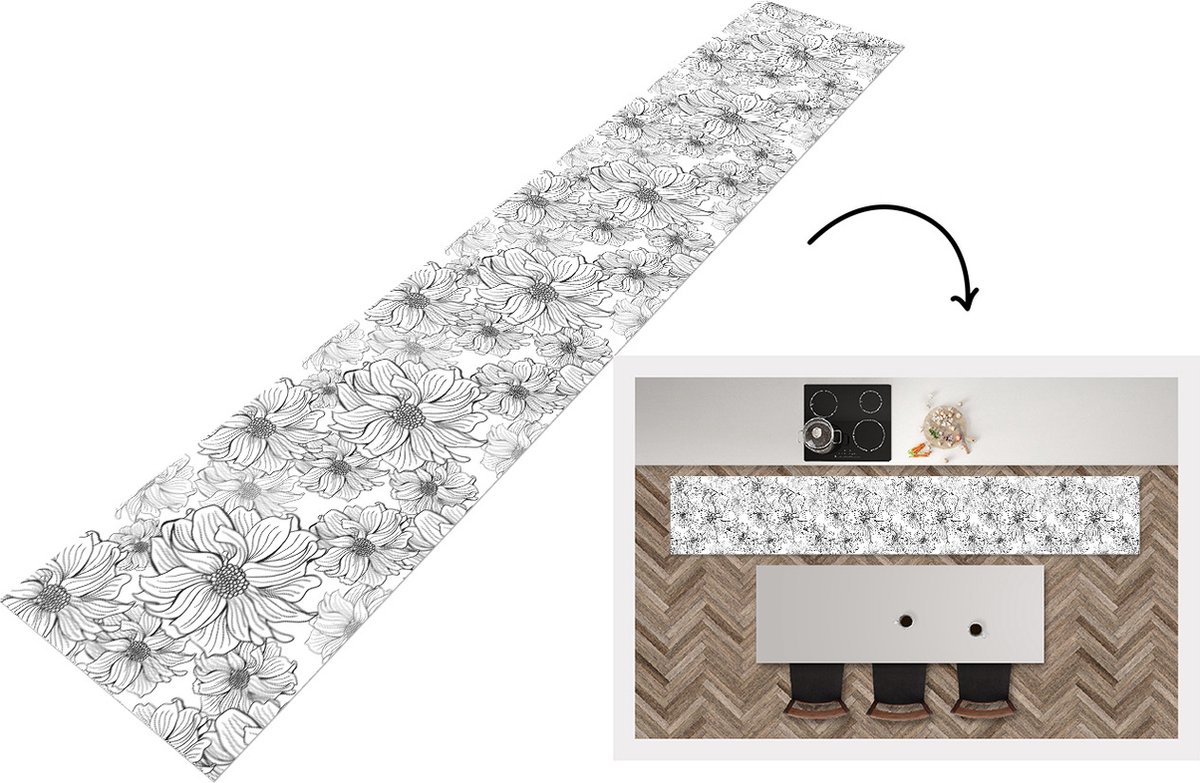 KitchenYeah Keukenloper - Keukenmat - Bloemen - Zwart - Wit - Design - Keuken vloerkleed Multicolor