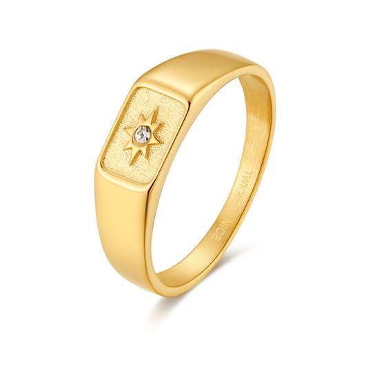 Ring Twice As Nice en acier inoxydable doré, rectangle avec étoile, 1 cristal 54