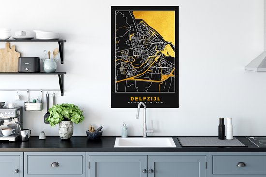 Stickers muraux - Film autocollant - Delfzijl - Black and Gold et Or - Carte - Plan de la ville - Carte - 60x90 cm - Film adhésif - Stickers muraux Chambre d'enfant - Papier peint autocollant