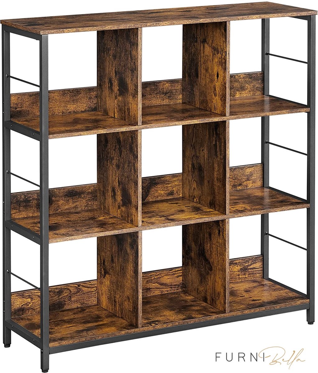Boekenkast met 3 niveaus, boekenkast, vloerplank met 9 vakken, voor woonkamer, slaapkamer, studeerkamer, keuken, 100 x 30 x 103,1 cm - vintage bruin-zwart