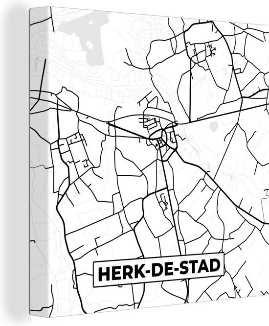 Canvas Schilderij Zwart Wit – België – Plattegrond – Stadskaart – Kaart – Herk de Stad - 50x50 cm - Wanddecoratie