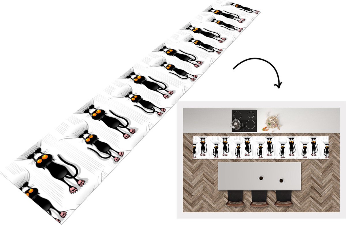 KitchenYeah Keukenloper - Loper keuken - Patroon - Kat - Zwart - 300x50 cm - Keukenloper vinyl Multicolor