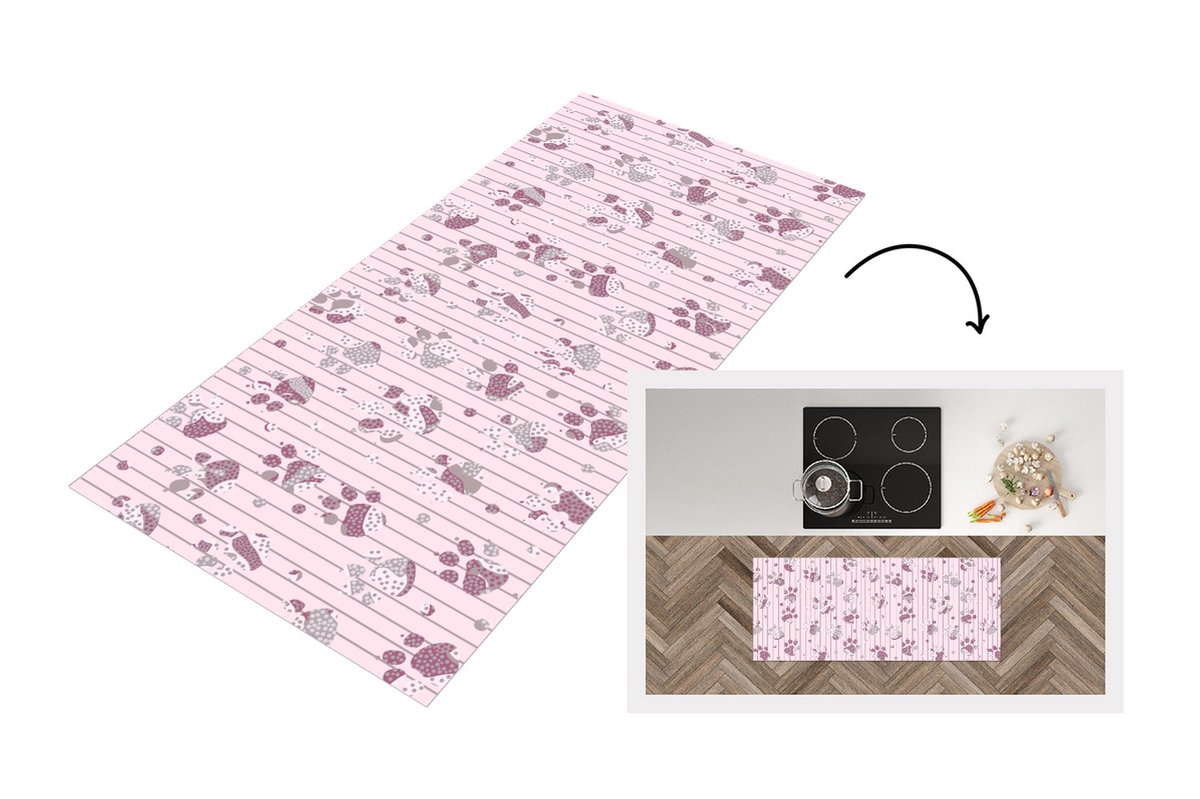 KitchenYeah Keukenloper - Loper keuken - Hond - Roze - Patronen - 120x50 cm - Keukenloper vinyl Multicolor