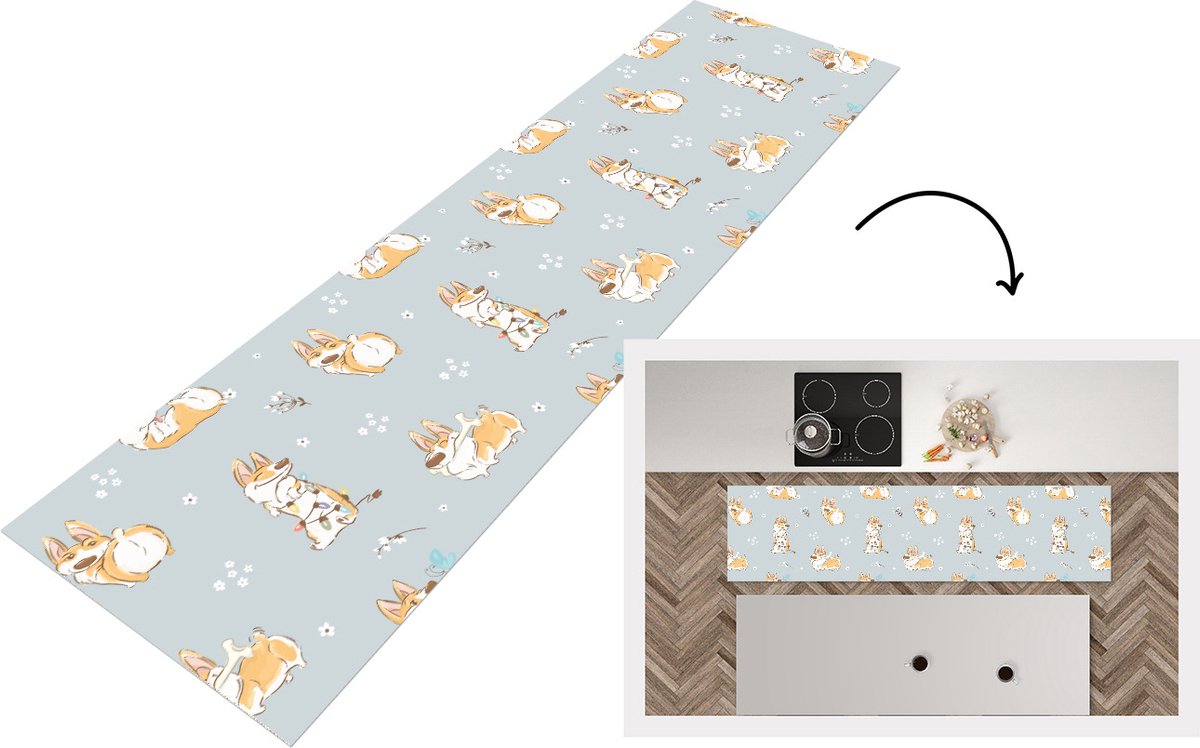 KitchenYeah Keukenloper - Loper keuken - Patroon - Hond - Corgi - 200x50 cm - Keukenloper vinyl Multicolor