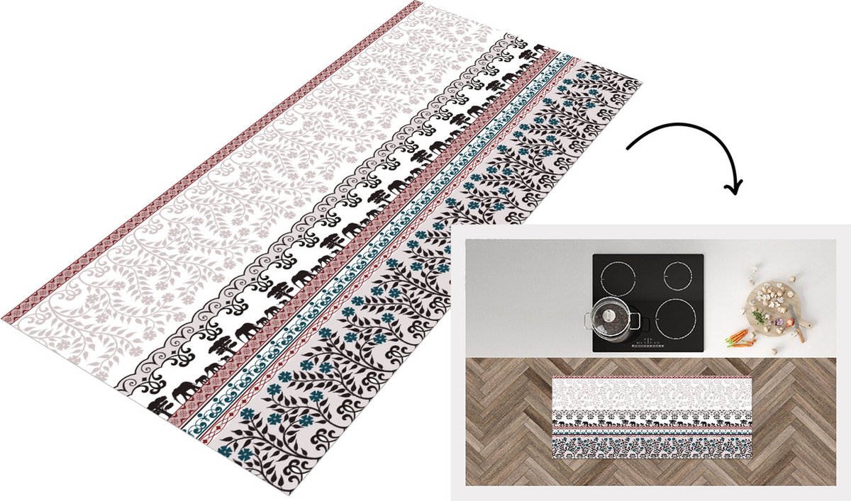 KitchenYeah Keukenloper - Loper keuken - Patronen - Safari - Olifant - Afrika - 120x50 cm - Keukenloper vinyl Multicolor