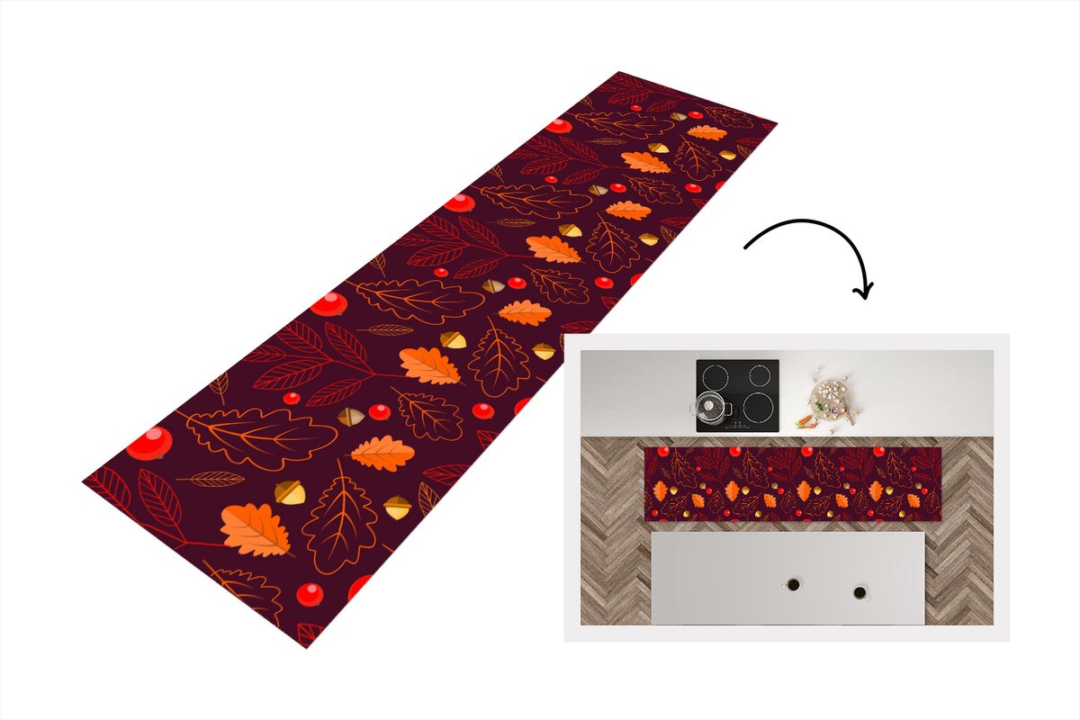 KitchenYeah Keukenloper - Loper keuken - Patronen - Herfst - Blaadjes - 200x50 cm - Keukenloper vinyl Multicolor