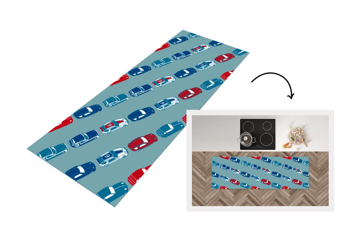 KitchenYeah Keukenloper - Loper keuken - Patroon - Auto - Race - 180x60 cm - Keukenloper vinyl Multicolor