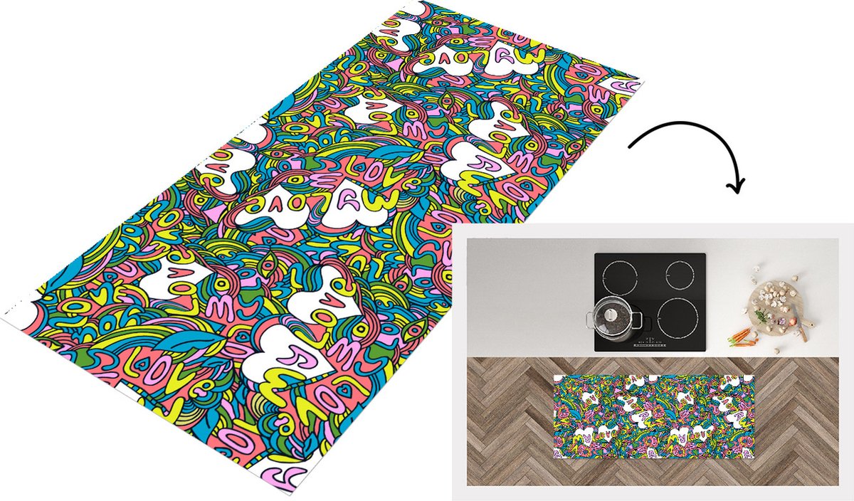 KitchenYeah Keukenloper - Loper keuken - Meisje - Liefde - Patronen - Love - 120x50 cm - Keukenloper vinyl Multicolor