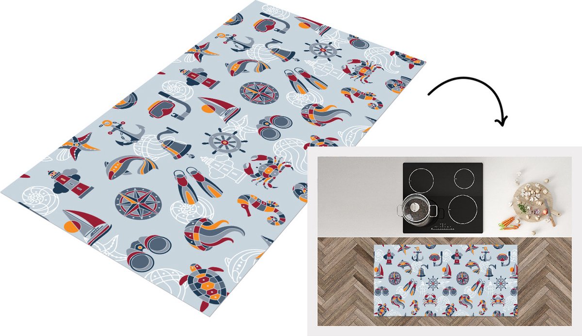KitchenYeah Keukenloper - Loper keuken - Zee - Dieren - Patronen - Kinderen - Marine - 120x60 cm - Keukenloper vinyl Multicolor