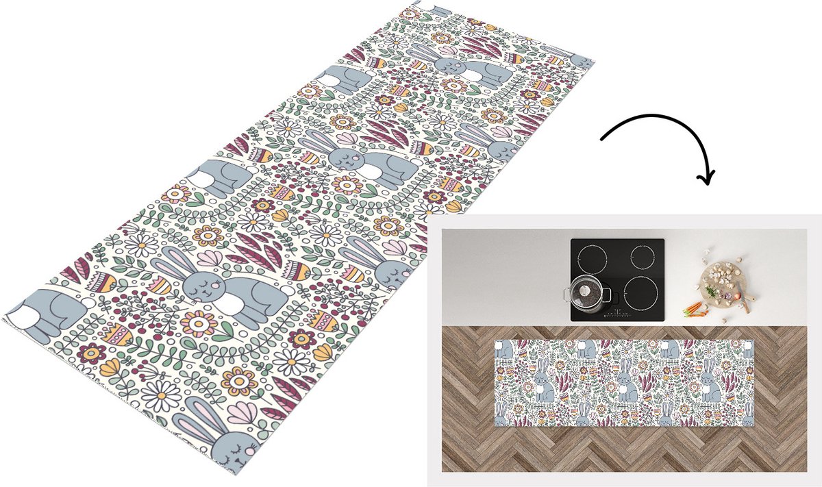 KitchenYeah Keukenloper - Loper keuken - Konijn - Bloemen - regenboog - Kinderen - Design - 150x50 cm - Keukenloper vinyl Multicolor
