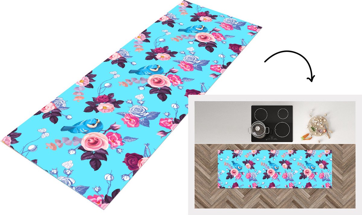 KitchenYeah Keukenloper - Loper keuken - Vogel - Bloemen - Patronen - 180x60 cm - Keukenloper vinyl Multicolor