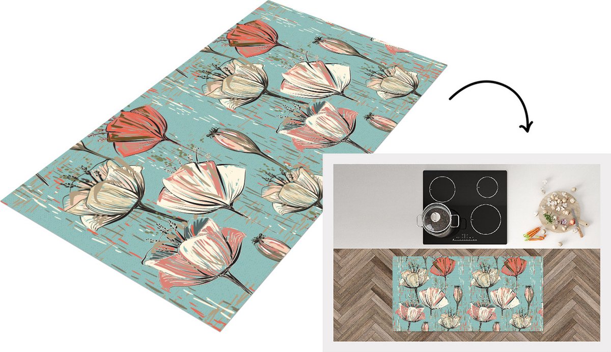 KitchenYeah Keukenloper - Loper keuken - Vintage - Bloem - Flora - 120x60 cm - Keukenloper vinyl Multicolor
