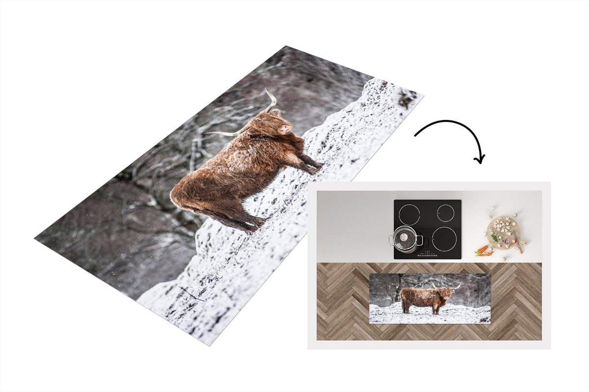 KitchenYeah Keukenloper - Loper keuken - Schotse Hooglander - Boom - Sneeuw - 120x50 cm - Keukenloper vinyl Multicolor