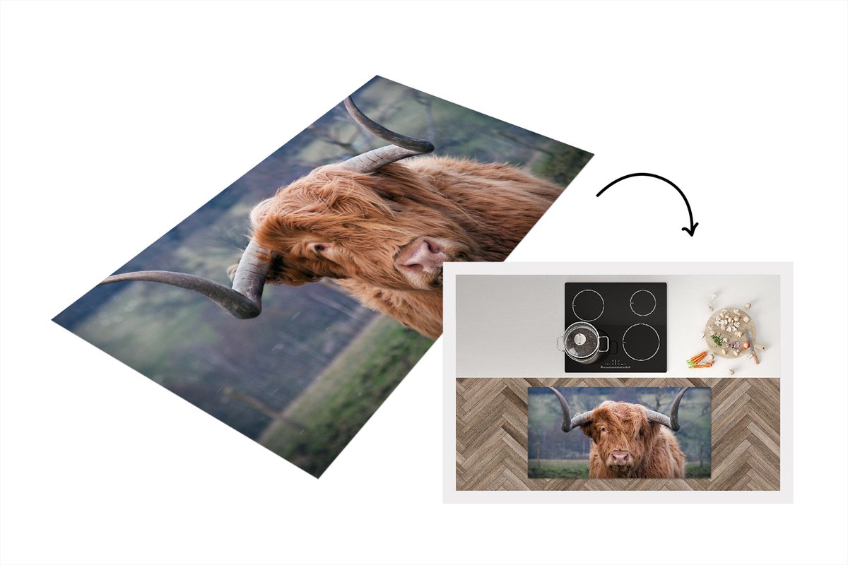 KitchenYeah Keukenloper - Loper keuken - Schotse Hooglander - Hoorns - Berg - 120x60 cm - Keukenloper vinyl Multicolor