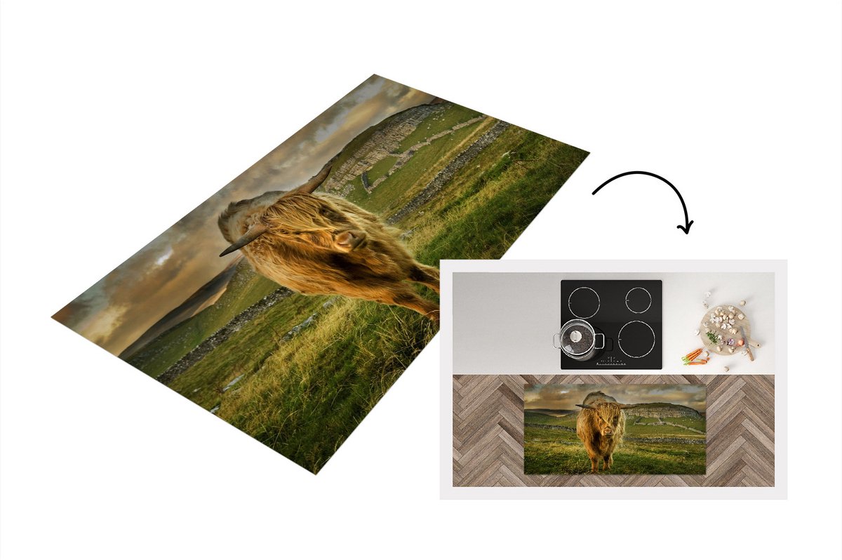 KitchenYeah Keukenloper - Loper keuken - Schotse Hooglander - Gras - Berg - 120x60 cm - Keukenloper vinyl Multicolor