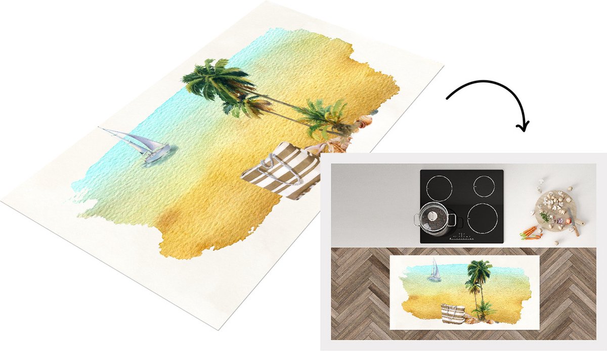 KitchenYeah Keukenloper - Loper keuken - Strand - Boot - Tas - Palmboom - 120x60 cm - Keukenloper vinyl Multicolor