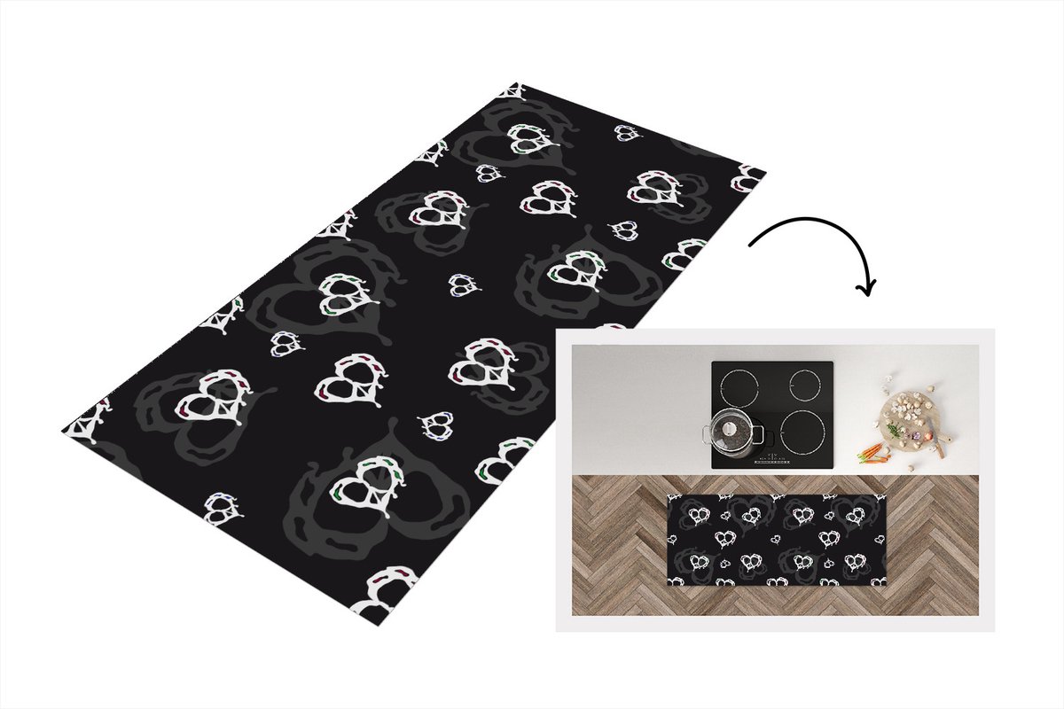 KitchenYeah Keukenloper - Loper keuken - Patronen - Hart - Schedel - 120x50 cm - Keukenloper vinyl Multicolor