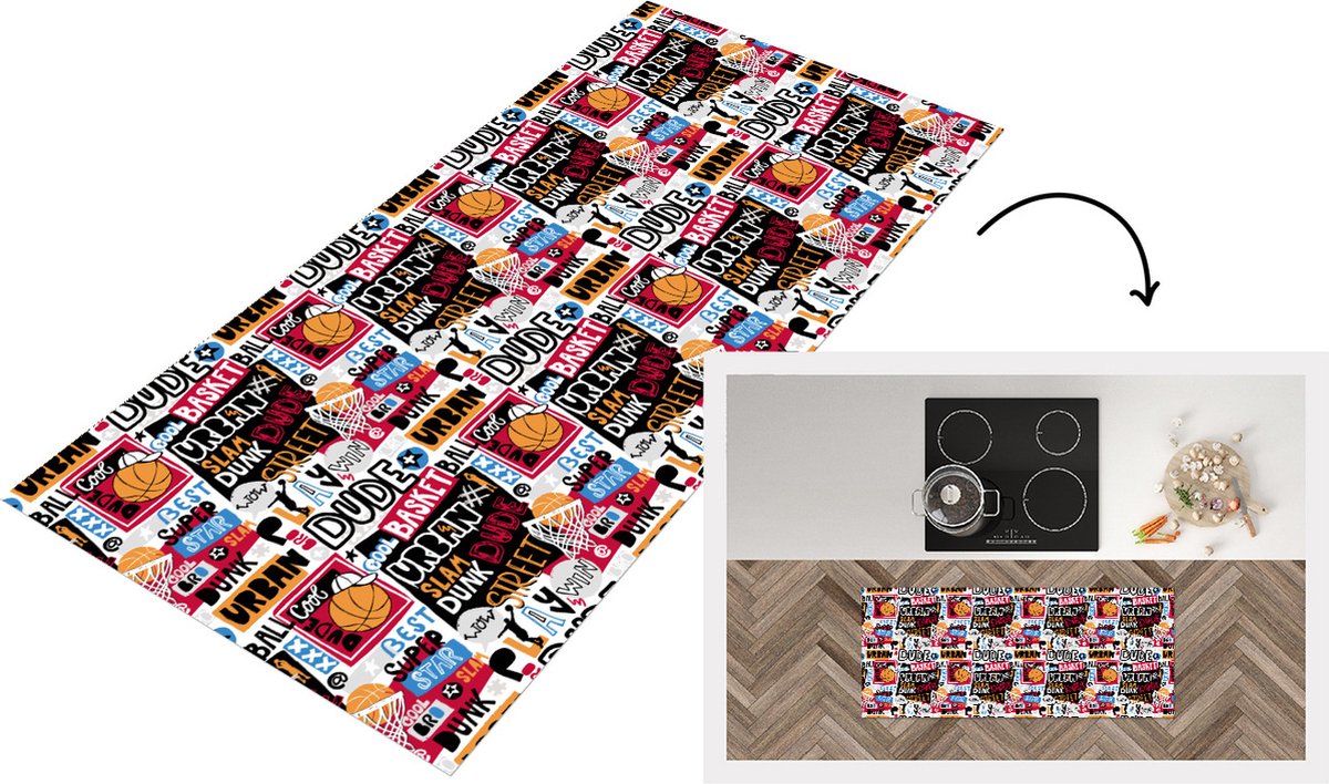 KitchenYeah Keukenloper - Loper keuken - Basketbal - Quotes - Patroon - Alfabet - 120x50 cm - Keukenloper vinyl Multicolor