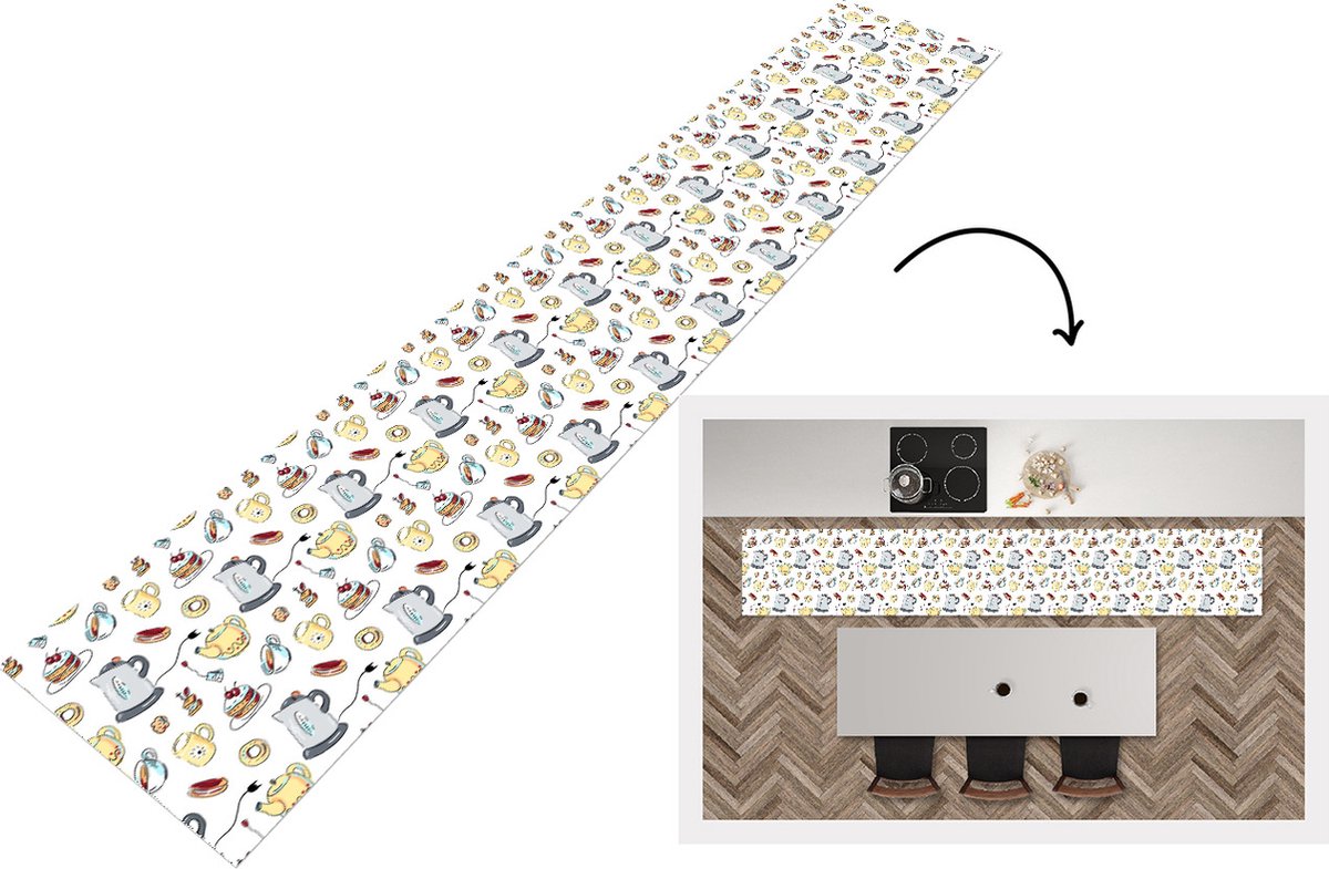 KitchenYeah Keukenloper - Loper keuken - Patronen - Thee - Taart - High tea - 300x50 cm - Keukenloper vinyl Multicolor