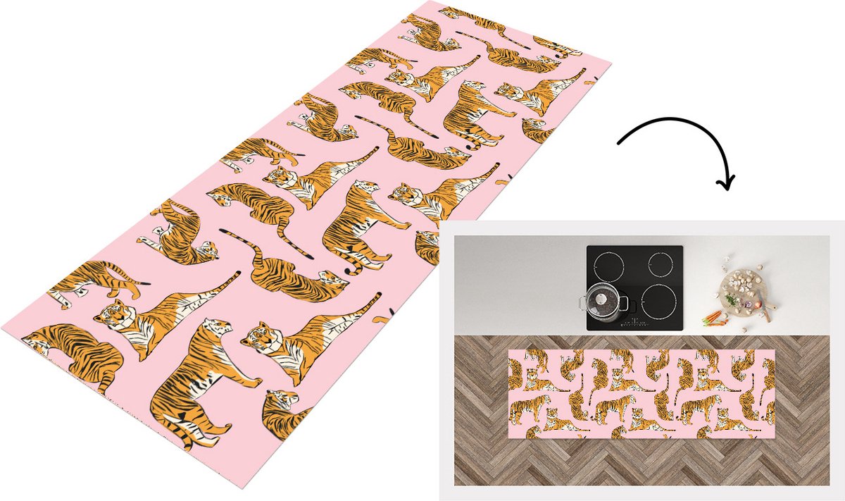 KitchenYeah Keukenloper - Loper keuken - Patroon - Tiger - Dieren - 150x50 cm - Keukenloper vinyl Multicolor