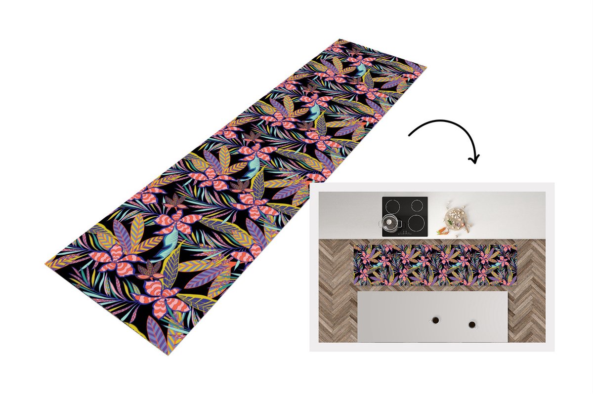 KitchenYeah Keukenloper - Loper keuken - Hawaii - Regenboog - Bloemen - Bladeren - Psychedelisch - 200x50 cm - Keukenloper vinyl Multicolor