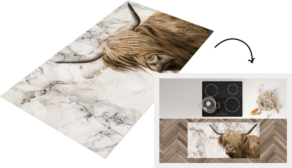 KitchenYeah Keukenloper - Loper keuken - Schotse hooglander - Dieren - Marmer - 120x60 cm - Keukenloper vinyl Multicolor