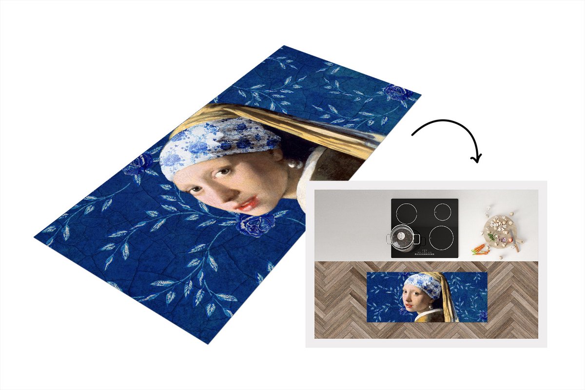 KitchenYeah Keukenloper - Loper keuken - Delfts Blauw - Meisje Met De Parel - Vermeer - 120x50 cm - Keukenloper vinyl Multicolor
