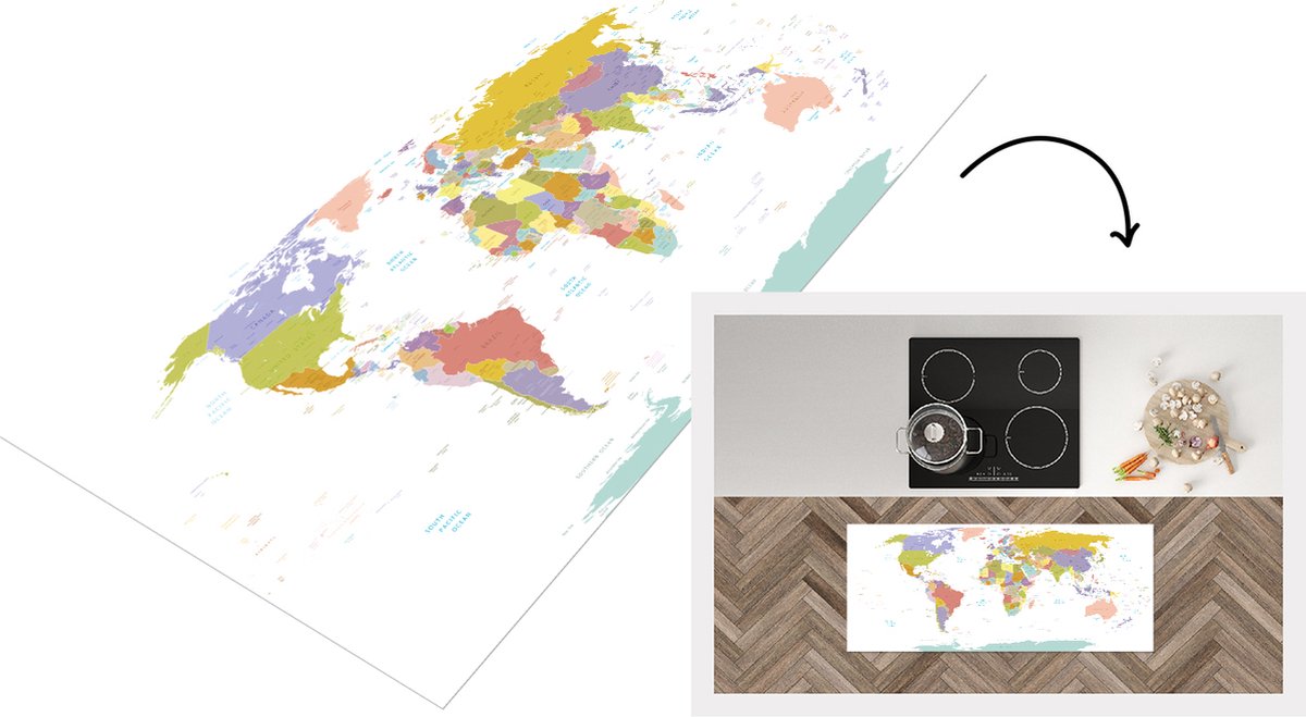 KitchenYeah Keukenloper - Loper keuken - Wereldkaart - Pastel - Kleuren - 120x50 cm - Keukenloper vinyl Multicolor