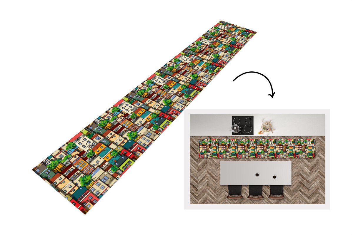 KitchenYeah Keukenloper - Loper keuken - Patronen - Huis - Boom - 300x50 cm - Keukenloper vinyl Multicolor
