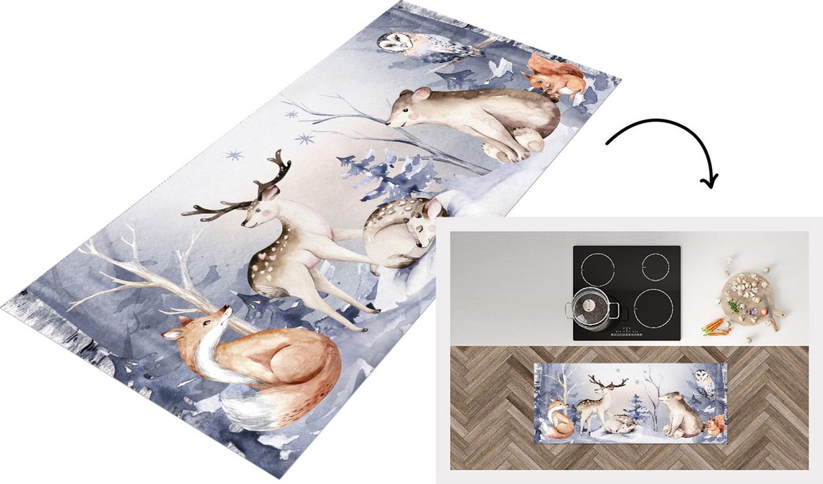 KitchenYeah Keukenloper - Loper keuken - Schilderij - Winter - Dieren - 120x50 cm - Keukenloper vinyl Multicolor