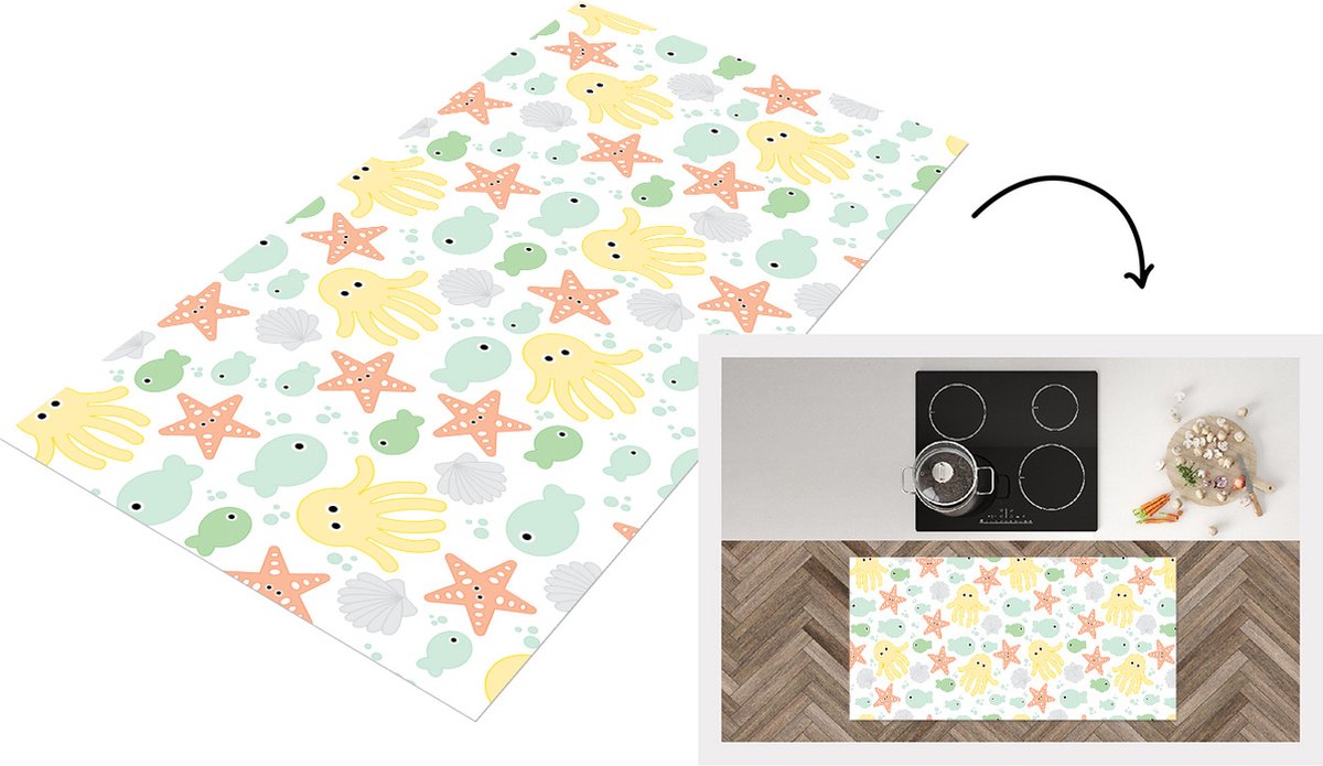 KitchenYeah Keukenloper - Loper keuken - Zeedieren - Baby - Schelpen - 120x60 cm - Keukenloper vinyl Multicolor
