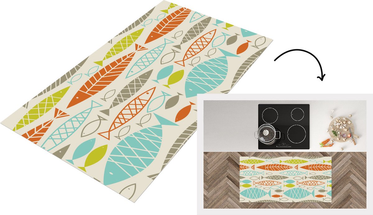 KitchenYeah Keukenloper - Loper keuken - Vis - Jaren 50 - Patroon - 120x60 cm - Keukenloper vinyl Multicolor
