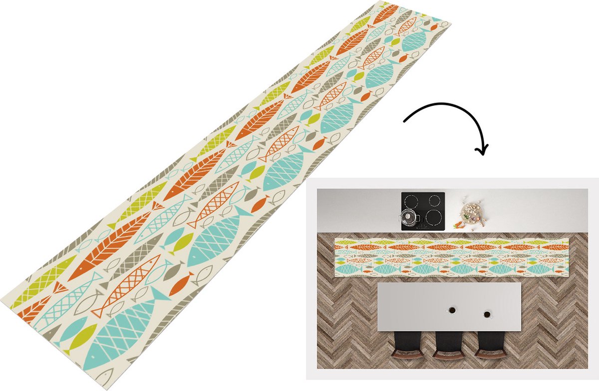 KitchenYeah Keukenloper - Loper keuken - Vis - Jaren 50 - Patroon - 300x50 cm - Keukenloper vinyl Multicolor