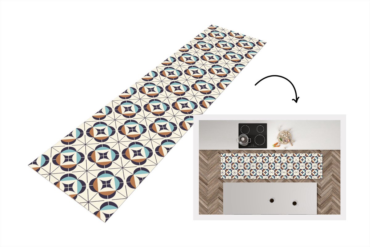 KitchenYeah Keukenloper - Loper keuken - Retro - Design - Geometrie - 200x50 cm - Keukenloper vinyl Multicolor