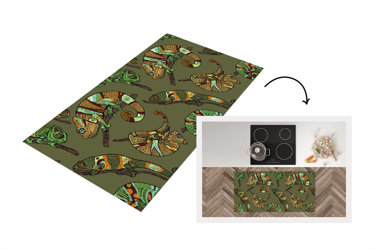 KitchenYeah Keukenloper - Loper keuken - Patroon - Jungle - Kameleons - 120x60 cm - Keukenloper vinyl Multicolor