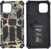 Hoesje Geschikt voor iPhone 12 Pro Max Hoesje - Rugged Extreme Backcover Blaadjes Camouflage met Kickstand - Groen