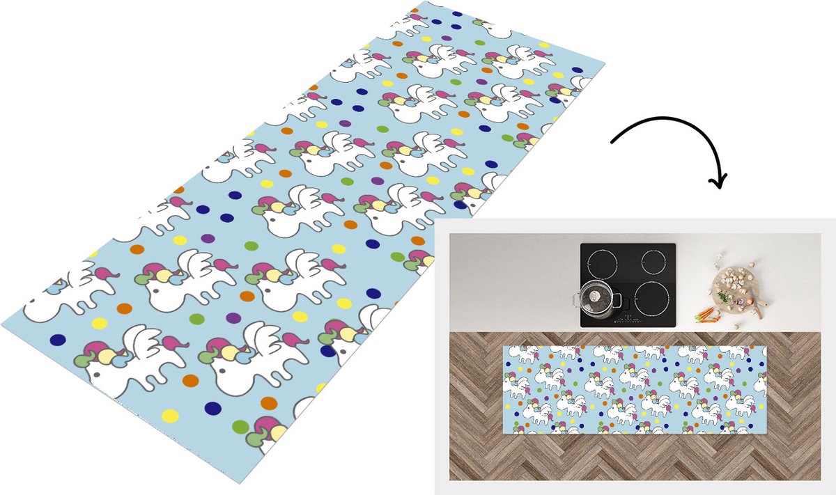 KitchenYeah Keukenloper - Loper keuken - Unicorn - Patronen - Kind - 180x60 cm - Keukenloper vinyl Multicolor