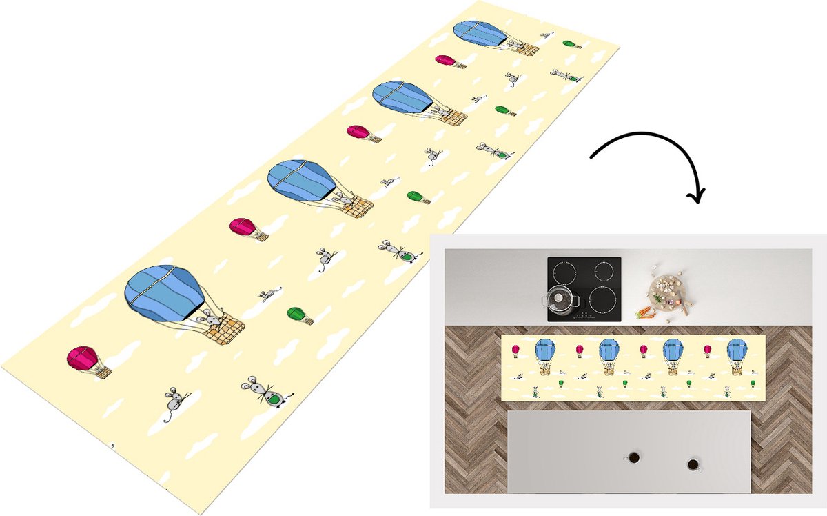 KitchenYeah Keukenloper - Loper keuken - Patroon - Muis - Luchtballon - 200x50 cm - Keukenloper vinyl Multicolor