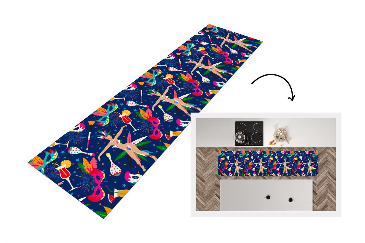 KitchenYeah Keukenloper - Loper keuken - Carnaval - Brazilië - Patronen - 200x50 cm - Keukenloper vinyl Multicolor