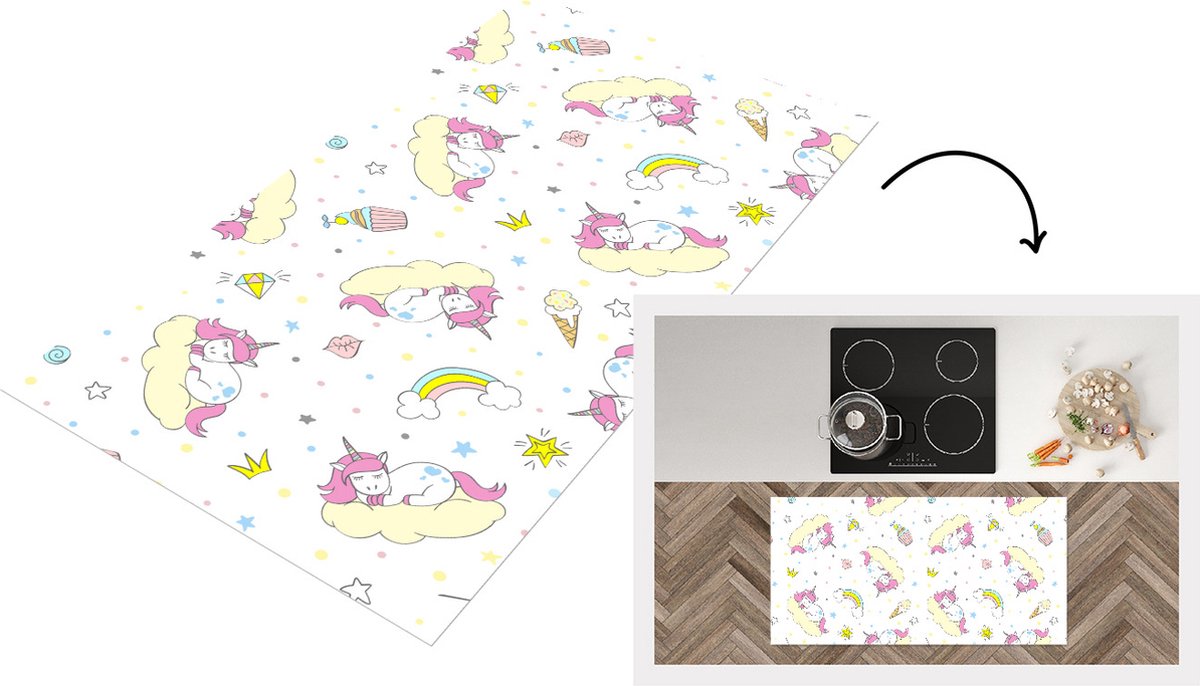 KitchenYeah Keukenloper - Loper keuken - Eenhoorn - Patronen - Regenboog - 120x60 cm - Keukenloper vinyl Multicolor