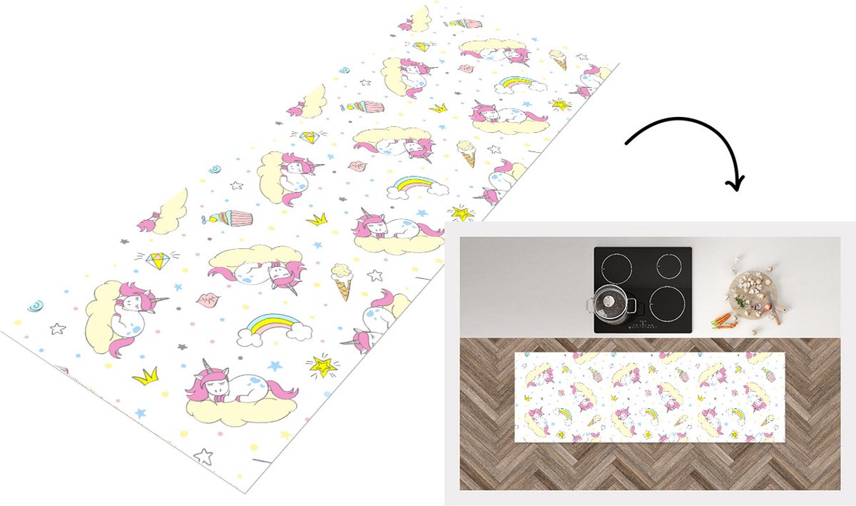 KitchenYeah Keukenloper - Loper keuken - Eenhoorn - Patronen - Regenboog - 150x50 cm - Keukenloper vinyl Multicolor