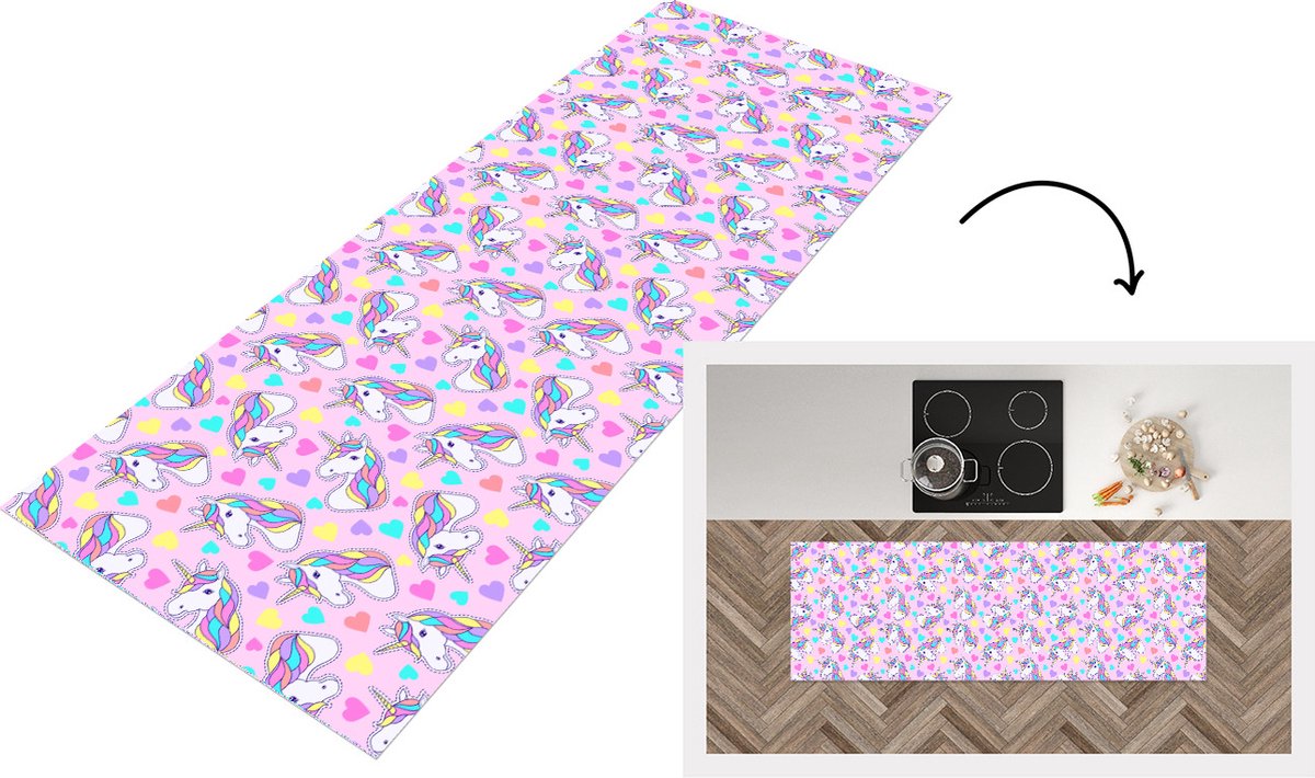 KitchenYeah Keukenloper - Loper keuken - Eenhoorn - Regenboog - Patronen - 150x50 cm - Keukenloper vinyl Multicolor