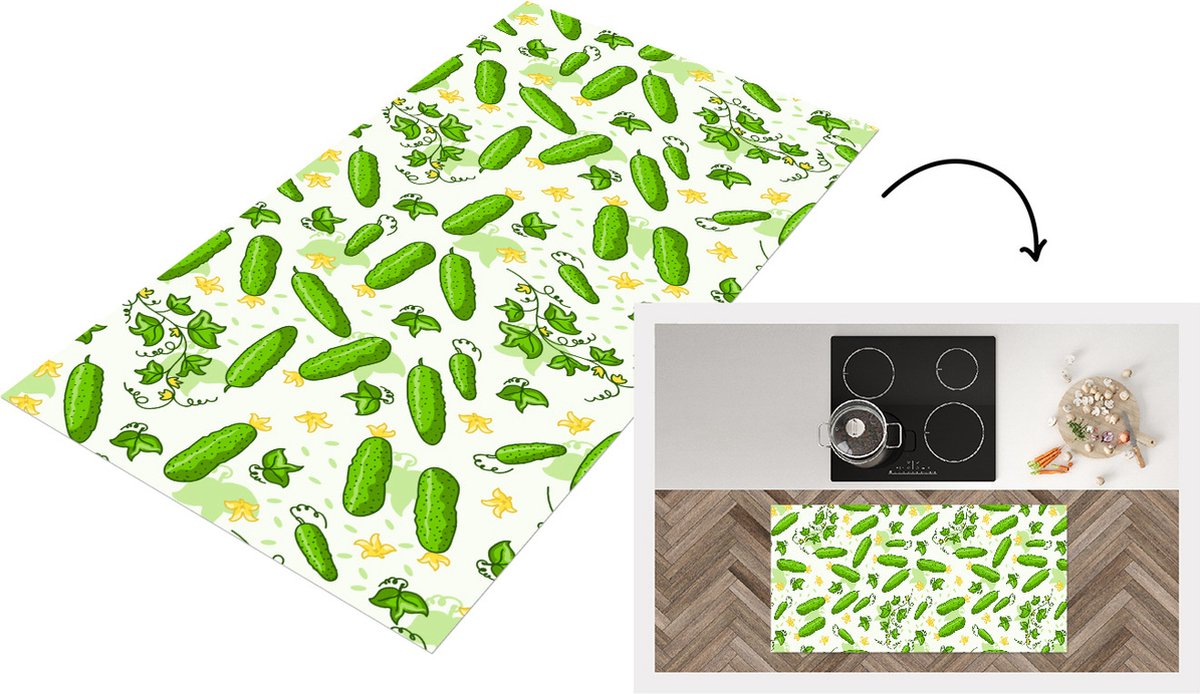 KitchenYeah Keukenloper - Loper keuken - Komkommer - Groente - Patronen - 120x60 cm - Keukenloper vinyl Multicolor