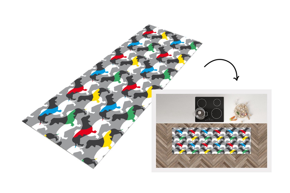 KitchenYeah Keukenloper - Loper keuken - Honden - Teckel - Patronen - 180x60 cm - Keukenloper vinyl Multicolor