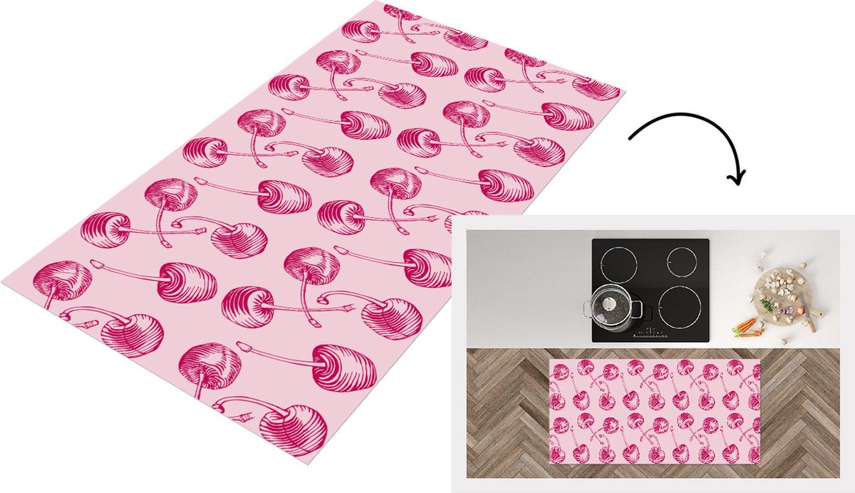 KitchenYeah Keukenloper - Loper keuken - Vintage - Kersen - Patronen - Roze - 120x60 cm - Keukenloper vinyl Multicolor